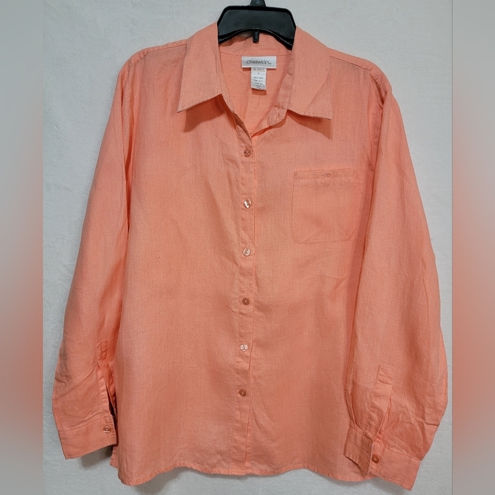 Women's Chadwick's Linen Long Sleeve Button Down‎ Blouse, Coral, Size 16, EUC